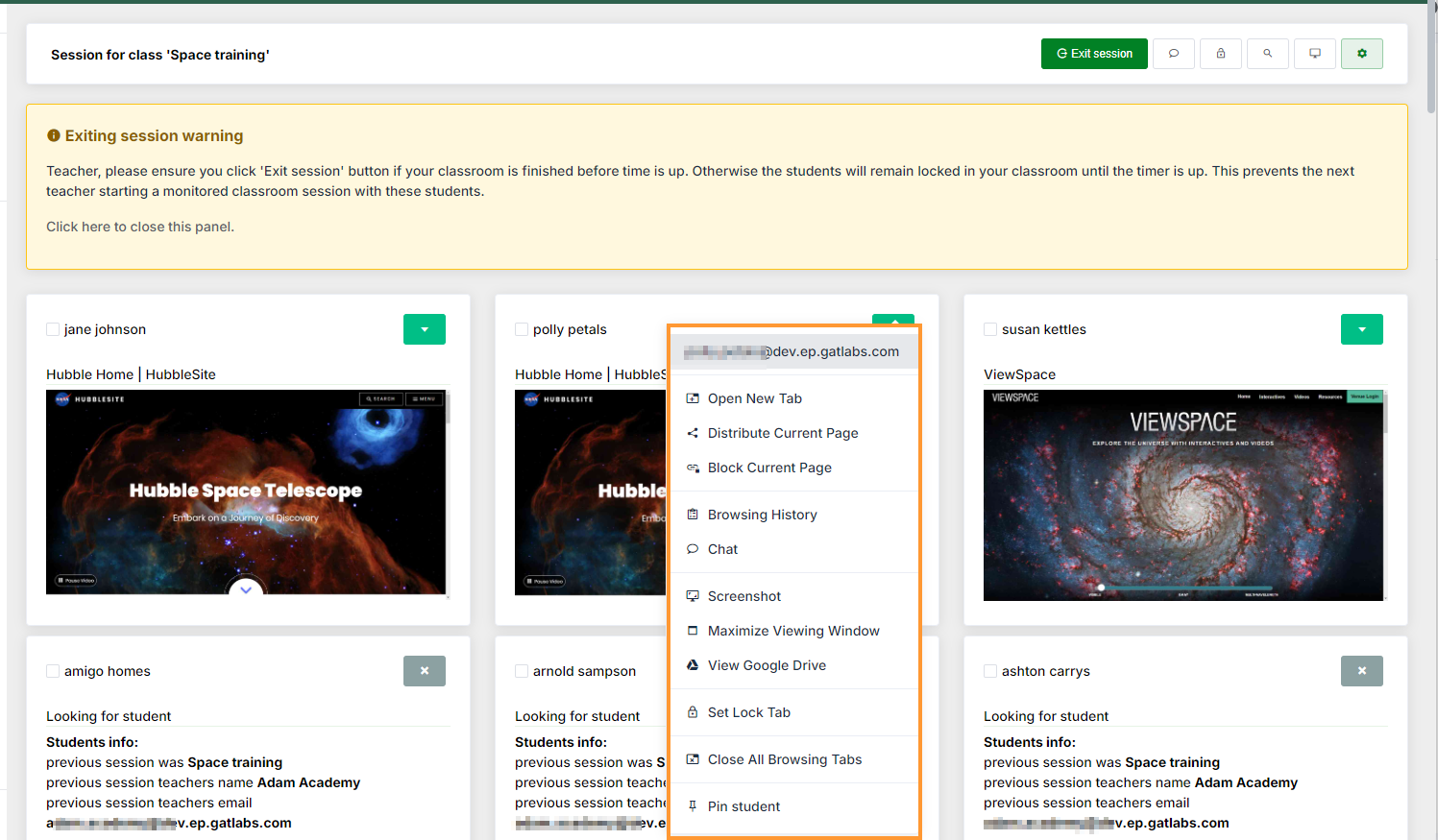 Specific actions in Teacher Assist are available for each student in the classroom individually.