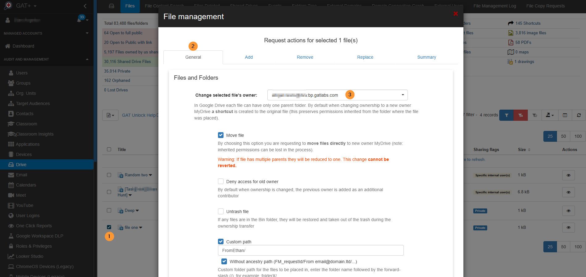 File Management Pop-Up Window
A user interface for file management with several options is displayed.
General: A section for changing file ownership. It includes a text field to enter the new owner's email and additional settings.
Move file: A checkbox option to move files to the new owner's MyDrive. A warning is present stating that inherited permissions may be lost, multiple parent folders will be reduced to one, and the change is permanent.
Deny access for old owner: A checkbox option to remove the previous owner's access after a change of ownership.
Untrash file: A checkbox option to restore any files located in the Bin folder during the ownership transfer.
Custom path: A text field to specify a custom folder path for the files. An example format, "folderX/", is provided.
Permission management: Buttons or options to Add, Remove, or Replace permissions on selected files.
Summary: A button or link to view a summary of the pending changes.