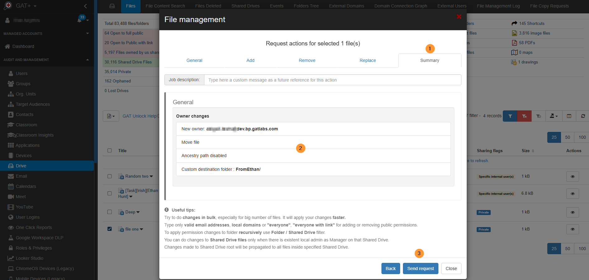 When all details are filled in, click on the Next button at the bottom to proceed.
In the Summary view, select what changes will be applied, and click on the Send request button.