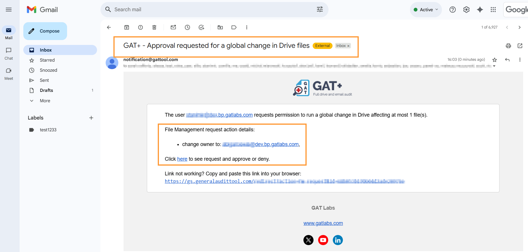 The email will be sent from notifications@gattool.com, and it will contain the details for the approval.