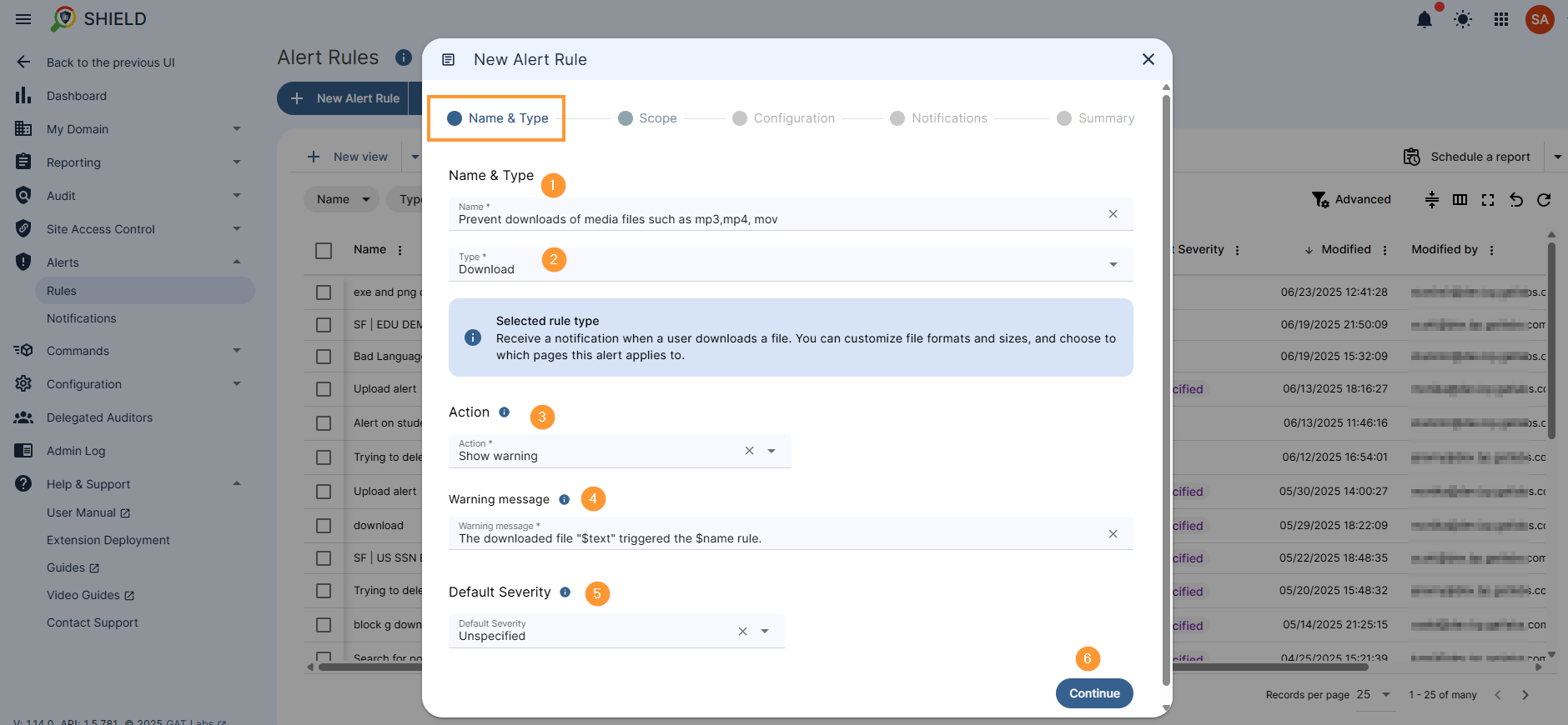 Creating a new GAT Shield alert rule with the name 'exe and png download', setting the rule type to 'Download', the action to 'Show warning', and default severity to 'Low'.