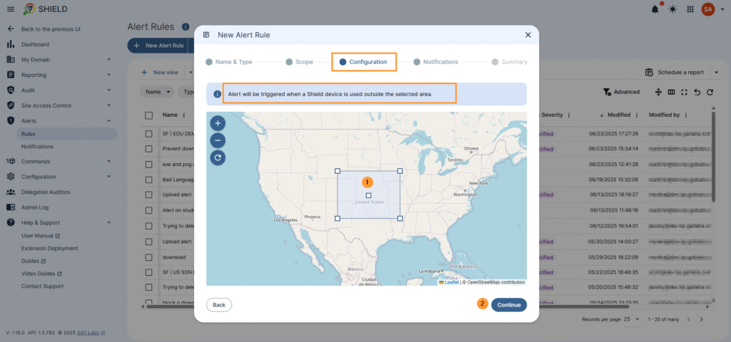 GAT Shield alert rule configuration window showing a location map for setting up alerts when Chromebook devices are used outside a defined geographic area