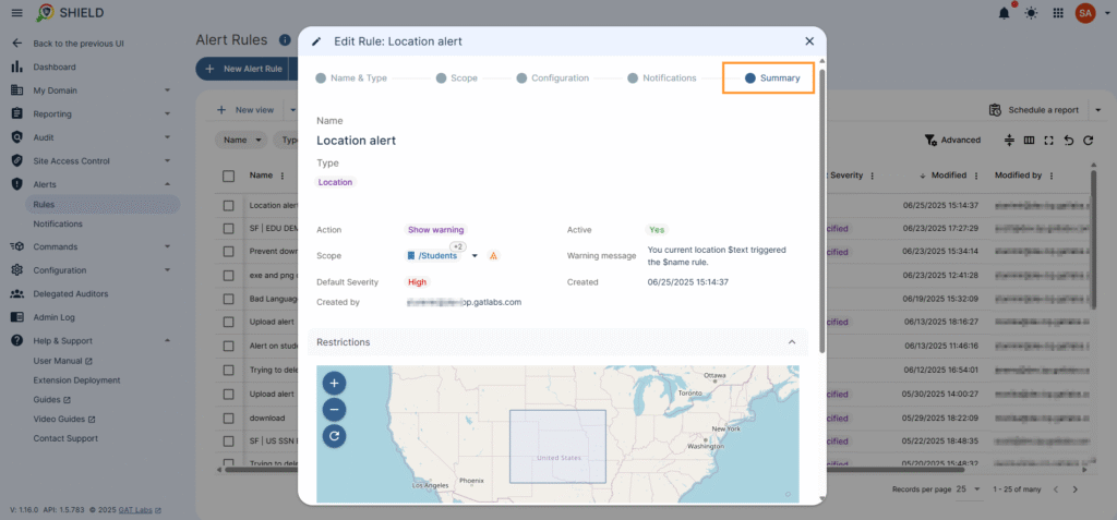 GAT Shield edit location rule alert screen. You'll see detailed information of the new rule created labeled as summary 