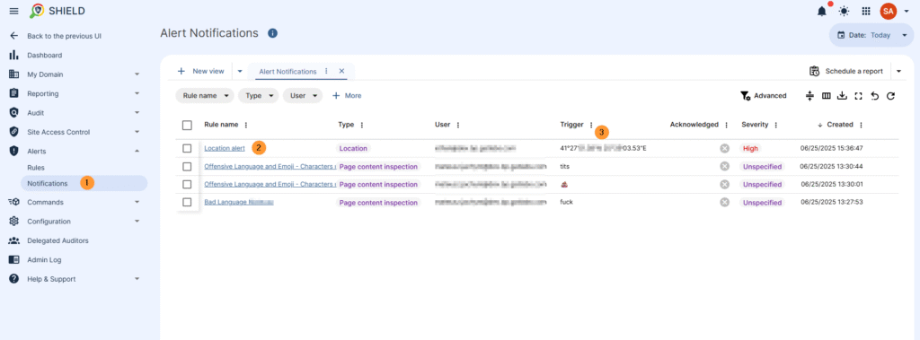 GAT Shield Alert Notifications dashboard showing a list of triggered rules, including the 'Location' rule triggered by user location as well as time stamp and all details for it