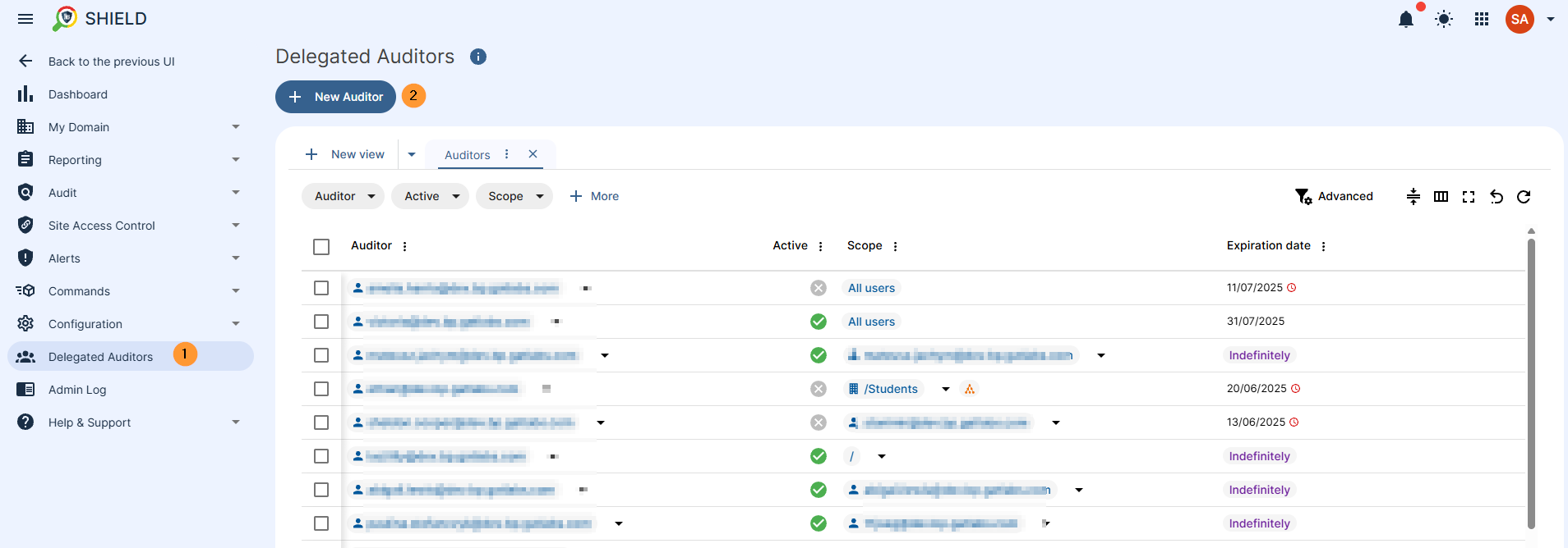 In Shield from the menu on the left click on Delegated auditors button - then click on New Auditor button on top left corner
