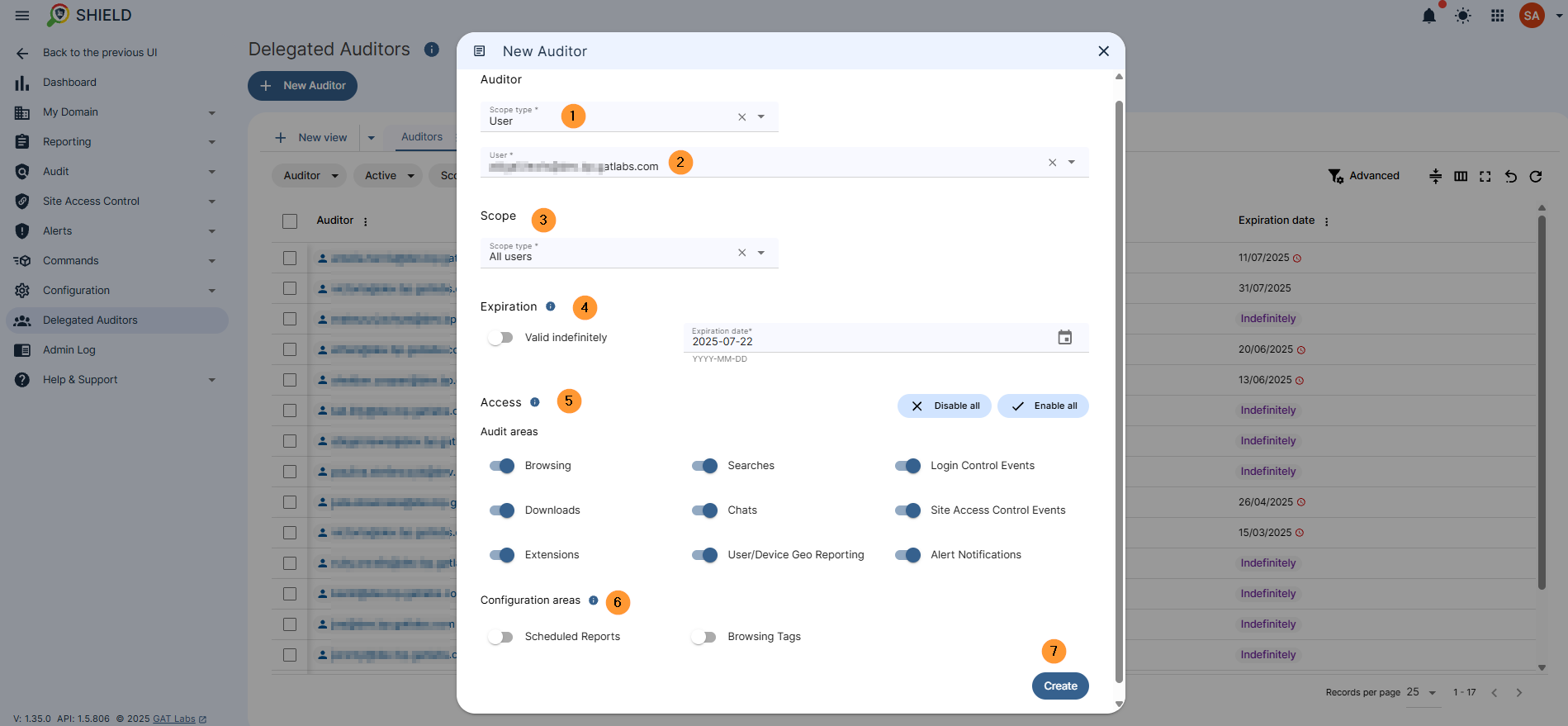 In the window fill in all the details required - scope user - enter user email who will be the auditor - scope - select the users - expiration date select when to expire or to be valid indefinatley access - select the access scopes the auditor will have over in the tool such as different audit areas as browisng searchrs chasts downloads extensions user/device geo reporting alert notifications site access control events as well as configuration area such as scheduled reports or browsing tags