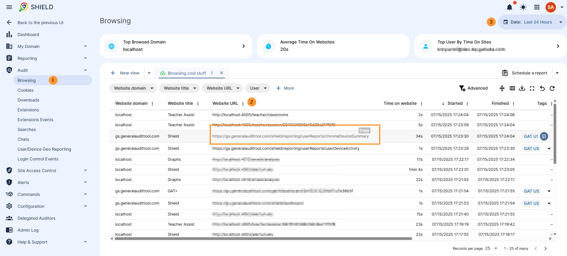 An image of the GAT Shield > Audit > Browse dashboard. The central table displays detailed information for visited webpages, including website domain, title, and URL, with options to filter by each. In the top right corner, a time frame selector is visible, allowing users to choose the period for which data is displayed. The interface also highlights the ability to view and copy the exact website URL for direct access in a browser.