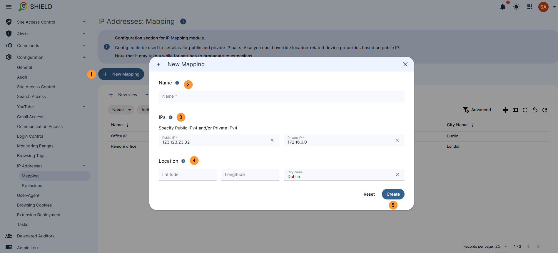 A pop-up window titled "New Mapping" is displayed. It includes fields for a mapping name, public IP address, private IP address, latitude, longitude, and city name, with corresponding placeholders. A "Create" button is at the bottom.