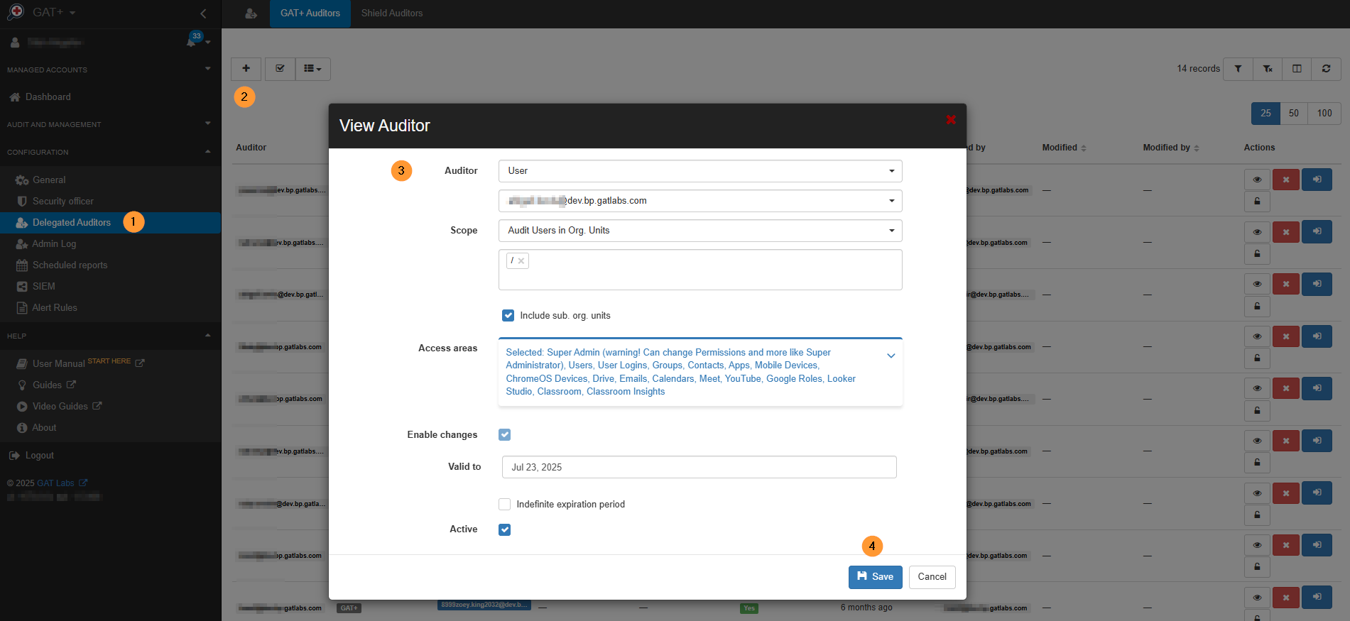 In the delegated audior click on the + button on top right corenr to add new auditor - a pop up window will be displayed in it you must fill in all the reqired information such as auditor email scope of users and access area with the valid time when ready click on the blue save button