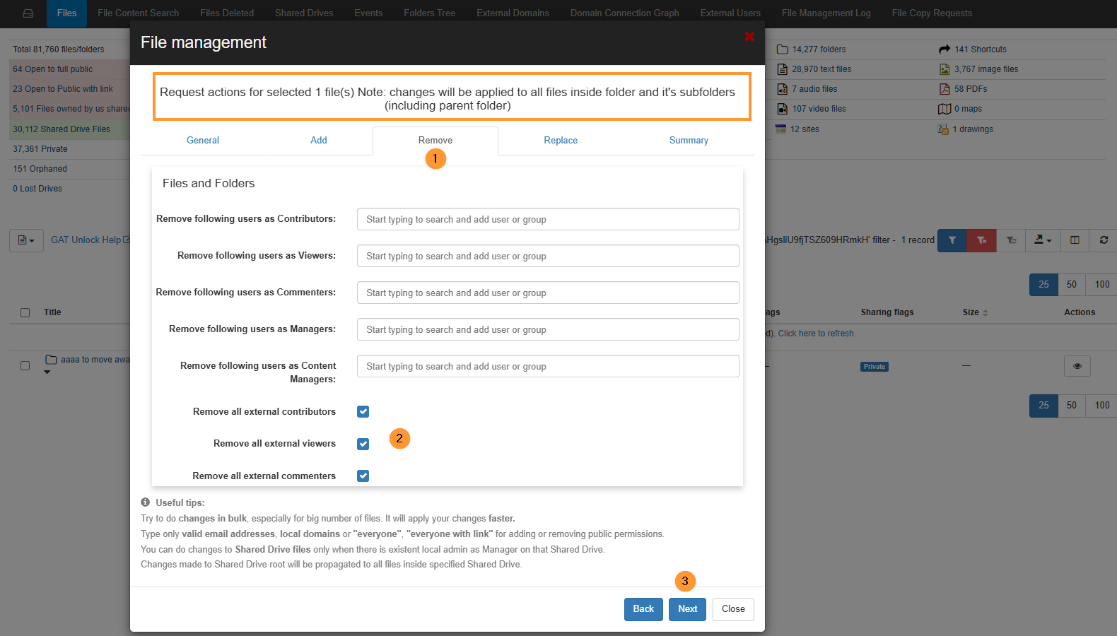 in the file management pop up window select remove option on top and then choose any of the options avalialbe and then click on the next button blow 