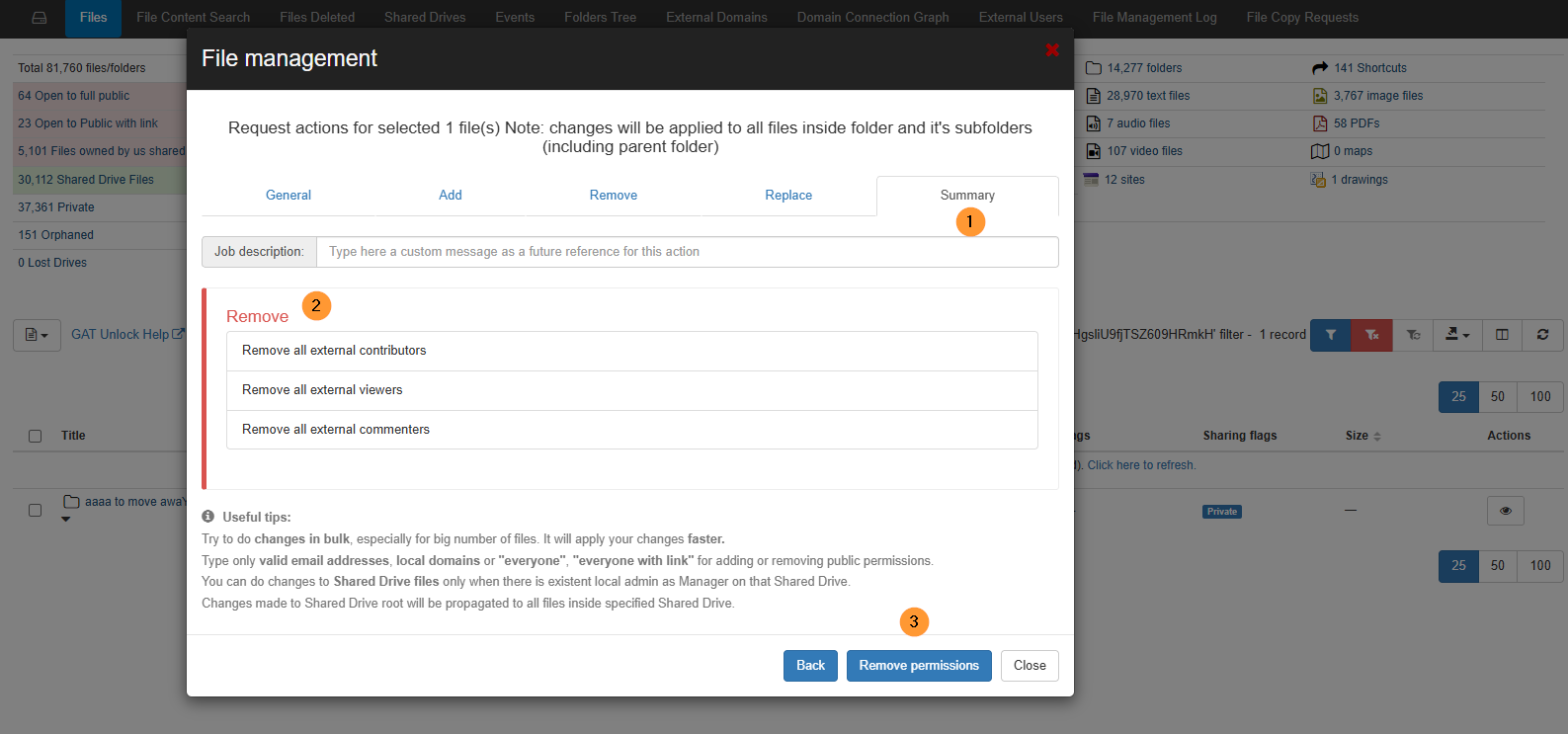 General options for changing the owner of files and folders.

Add options for adding new users.

Replace options for changing existing permissions.

Remove options, which require clicking "Next" to continue.

Instructions to review selected options in the Summary tab before clicking "Remove permissions" to finalize.