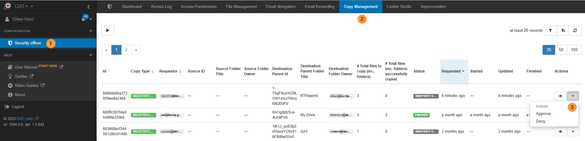 In the security officer section the officer must click on copy management and then on the reqeust click under actions and click approve 