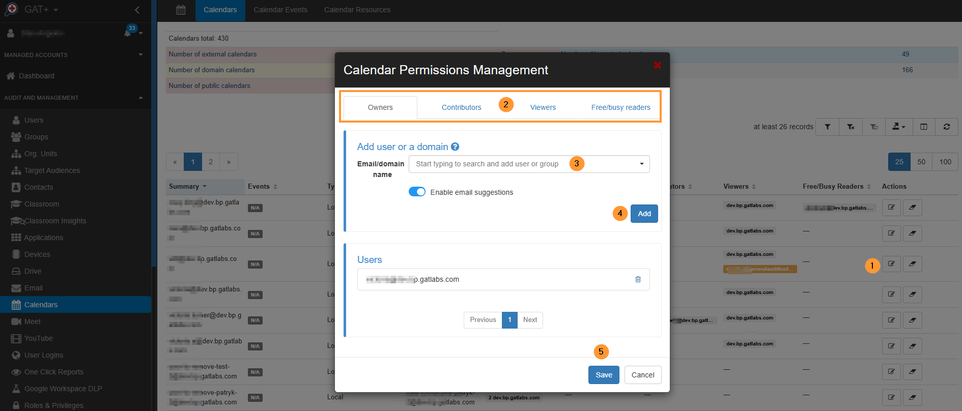 A GAT+ tool interface is displayed, focused on the calendar permissions of a user. The main screen shows a list of users, and on the right, under an "Actions" button, a "Modify permissions" option is selected. This action opens a new pop-up window titled "Calendar Permissions Management." The window contains fields to add or remove users and a dropdown menu to assign one of four access roles: Free/Busy Reader, Reader, Writer, or Owner. This visual demonstrates how to easily adjust ACLs for a calendar.