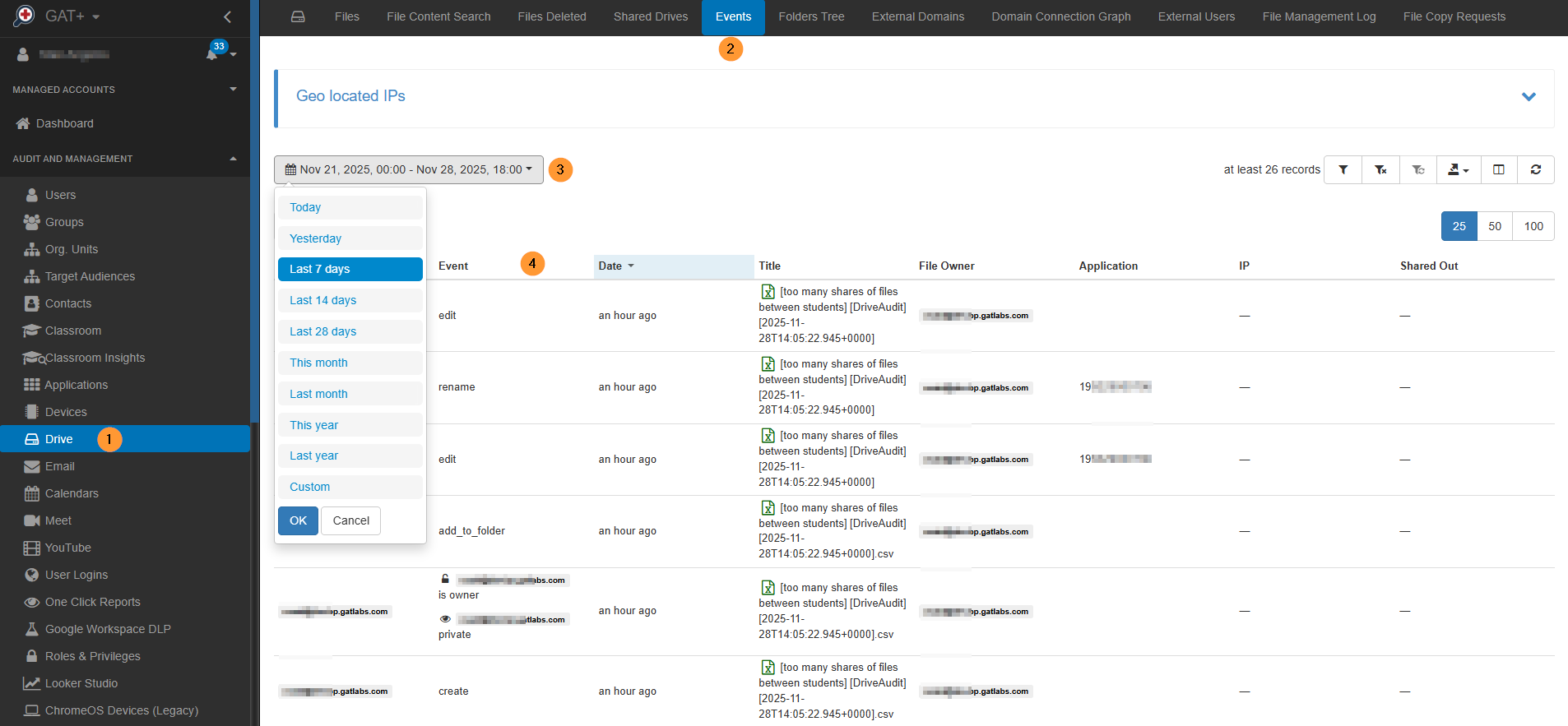Instructions are shown for navigating the GAT+ interface to view Drive events. The path is GAT+ followed by Drive, and then Events (located in the top bar). The resulting view displays all Drive events reported for the Google Workspace domain, with a default filter applied for the last 7 days.