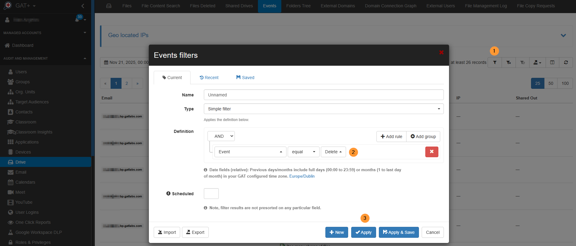 Click on the filter button in the new window displayed, under the definition select Event equal to delete and click on the blue apply button below