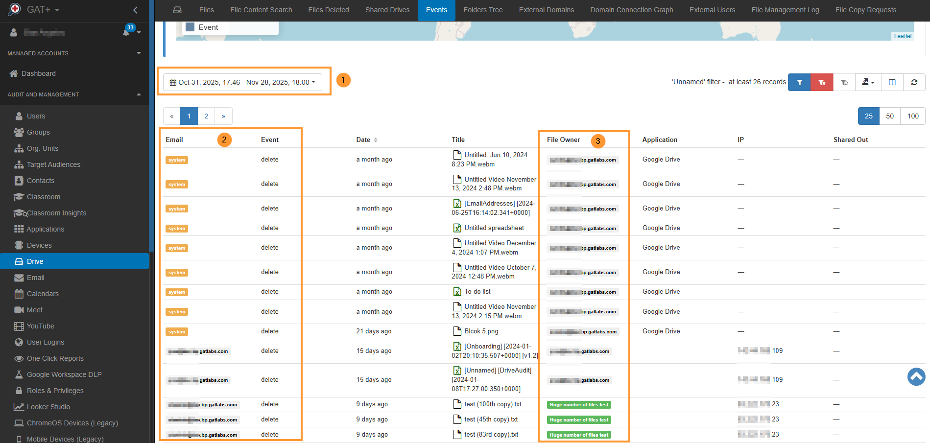 The resulting view displays all Deleted Files within the default 7-day time frame, which can be adjusted. The Email field identifies the user who performed the delete action. For files in My Drive, the Email and File Owner are the same, as the owner is the only one who can delete the file. When the file is on a Shared Drive (indicated by a green background for the owner), the Email field represents the user who executed the delete event, not the Shared Drive itself.