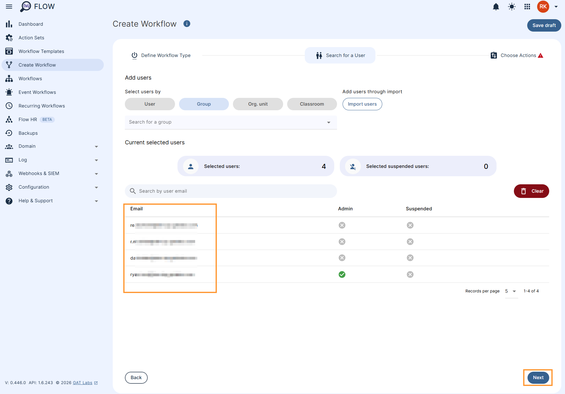 Selected users in a GAT Flow workflow