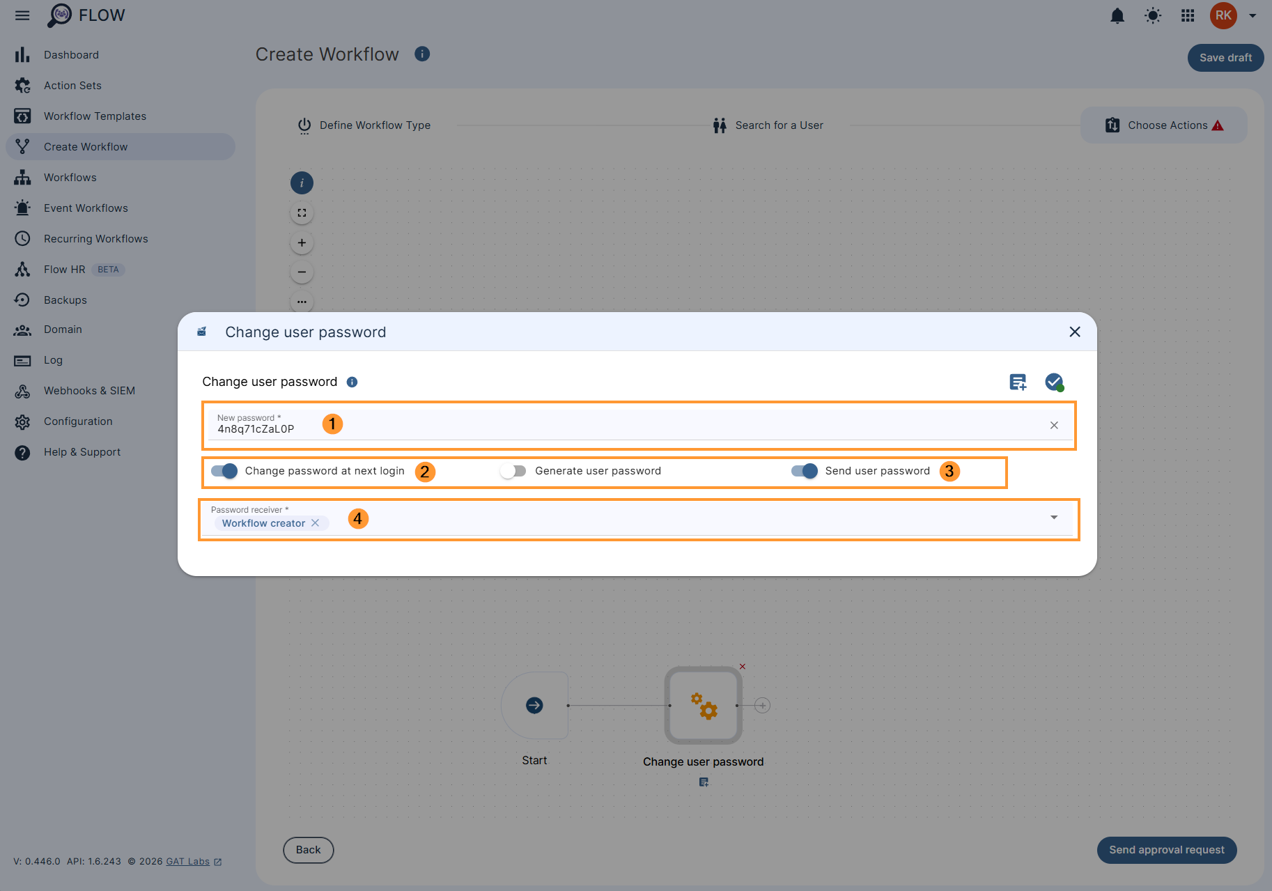 Editing the configuration for the 'Change user password' action.