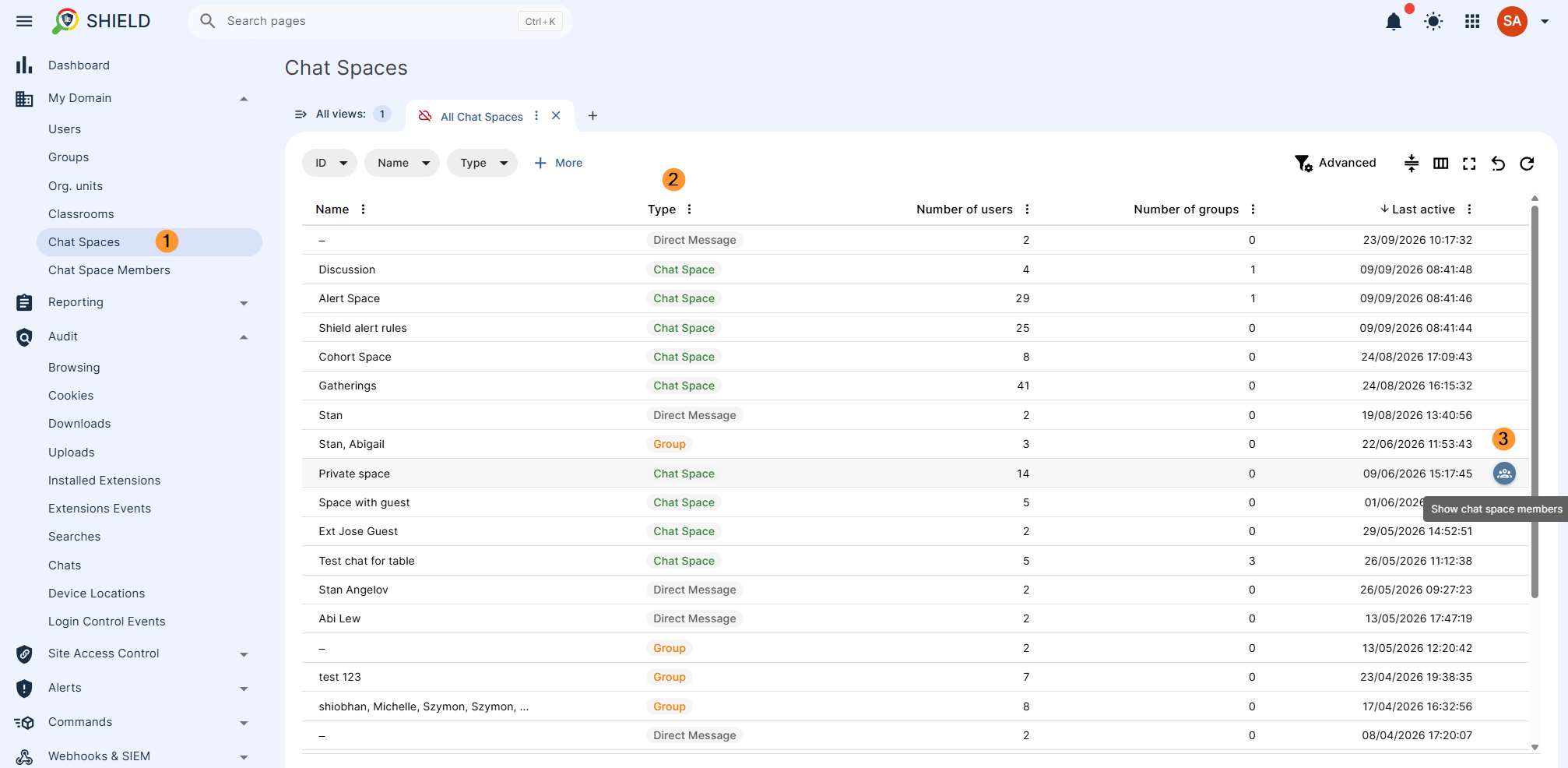 Click on the Chat Spaces to see the chat spaces of the domain along with its details.

View if type of Chat space is Direct message between users, or Google Chat space, or Group etc.