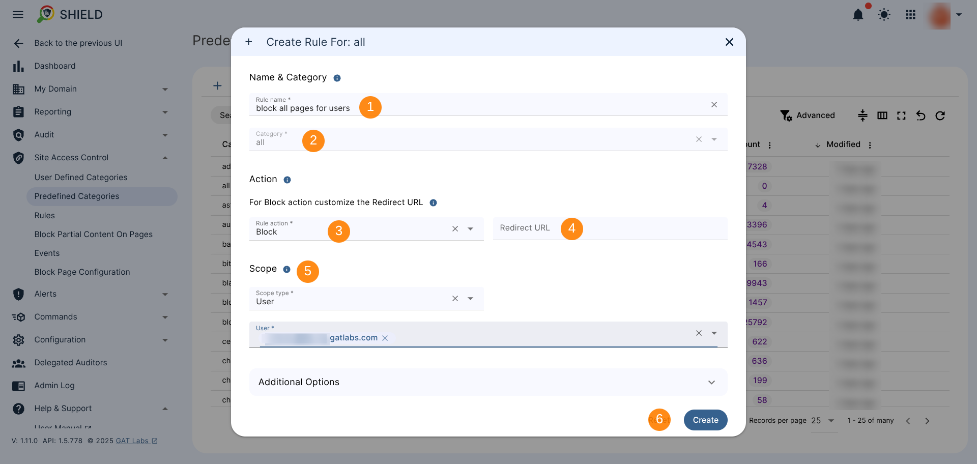 The Create Rule wizard window showing Rule name, Category, Rule Actions and Scope. The Create button is also displayed. 