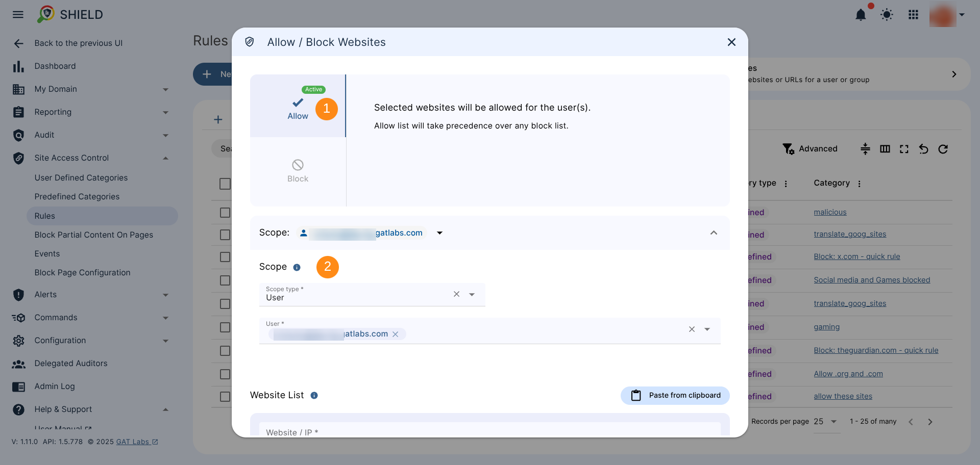 Allow / Block Website wizard window showing Allow activation rule for a specific user in the Scope.