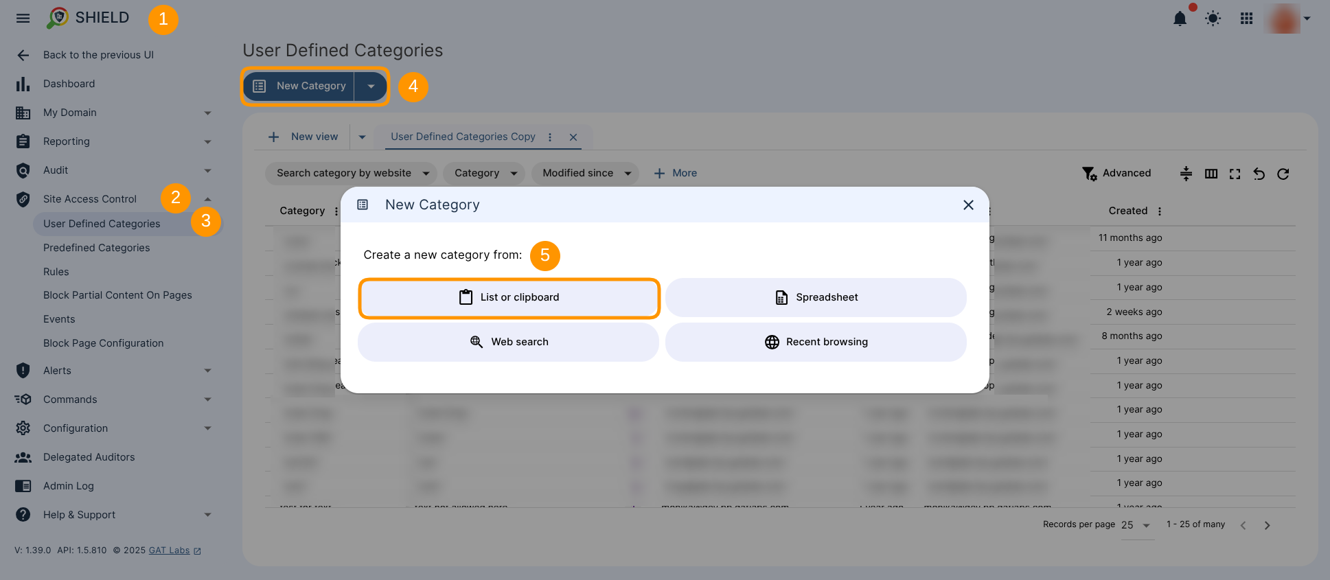 The User Defined Categories section with the "New Category" button used to created the new category are showing. The methods to create a new category are also displayed and are listed as follows: List or clipboard, Spreadsheet, Web search, Recent browsing. 