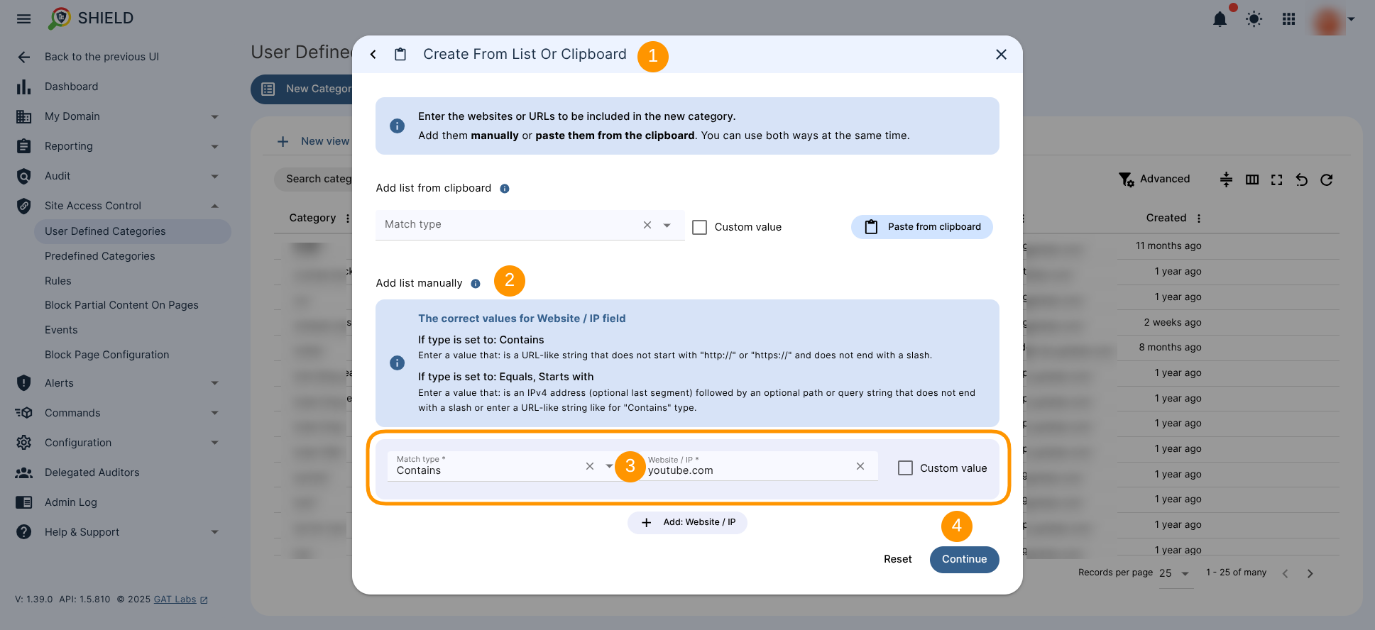 The option to create the new category from the "List or clipboard" is used. The creating category wizard window is showing the URL added manually and the "Continue" button.