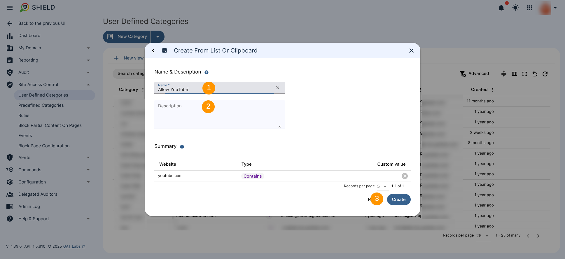 Next creating a category window is displayed where the Name of the rule and Description (optional ) can be entered. The "Create" button is displayed and can be used to save the settings. 
