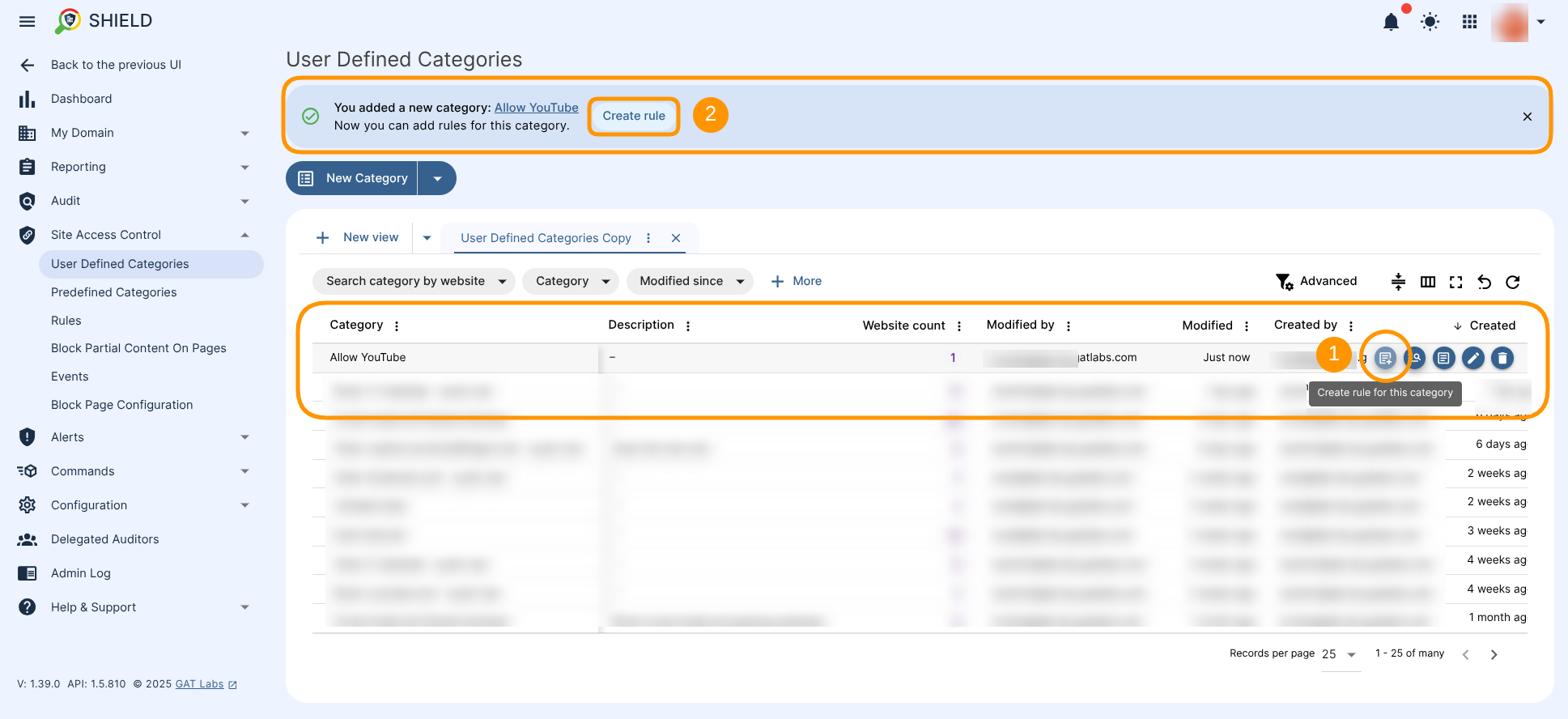 The User defined Categories section displaying all the categories in a table, and allowing to create a rule based on each of them. 