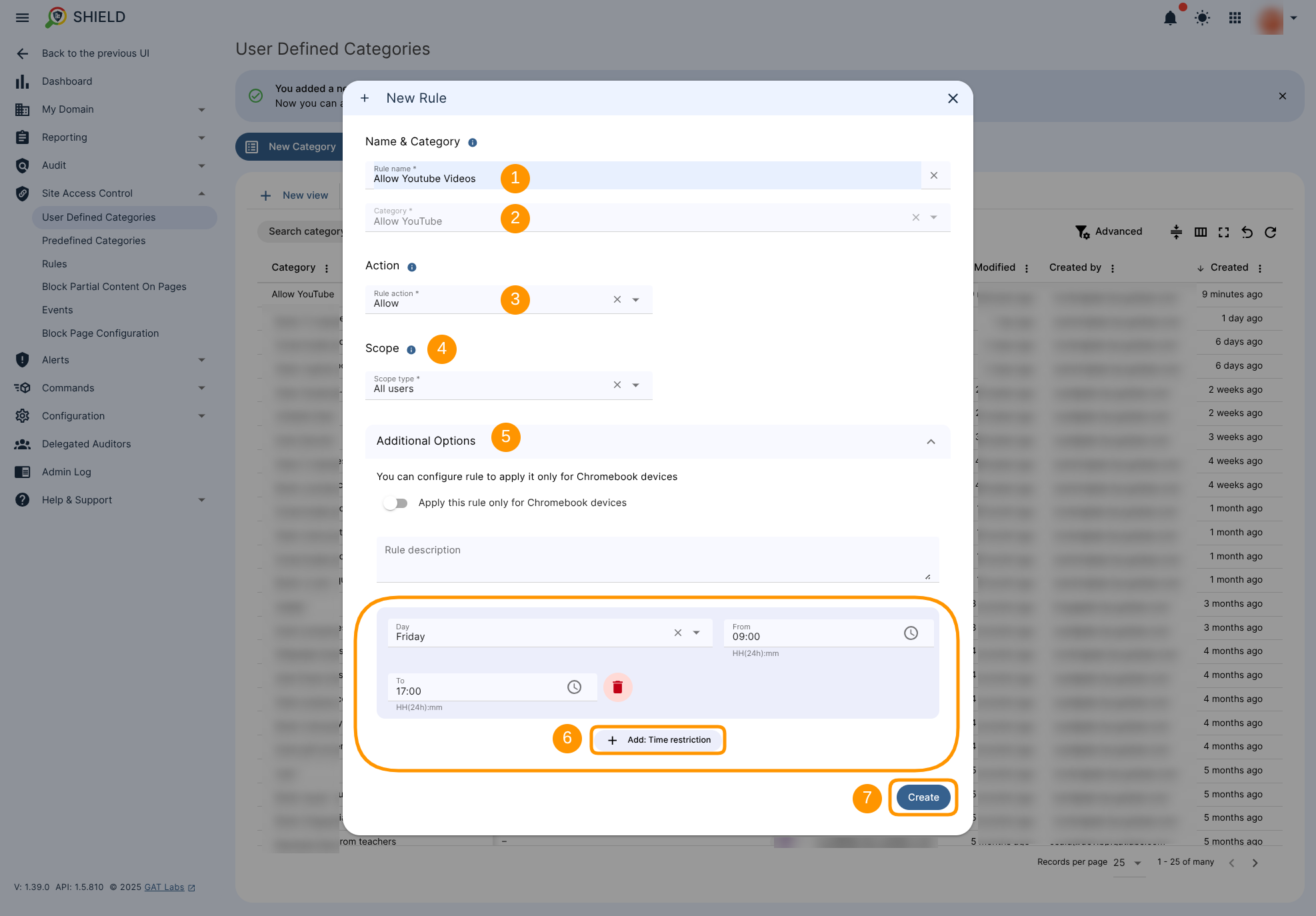 New Rule configuration window, showing the Rule name field, pre-selected  Category, Action set to "Allow", Scope defined to "All users", and the Additional Options section that allows configuring "Time Restrictions" during which the rule will be active. The "Create" button is displayed to finalise the creation process.