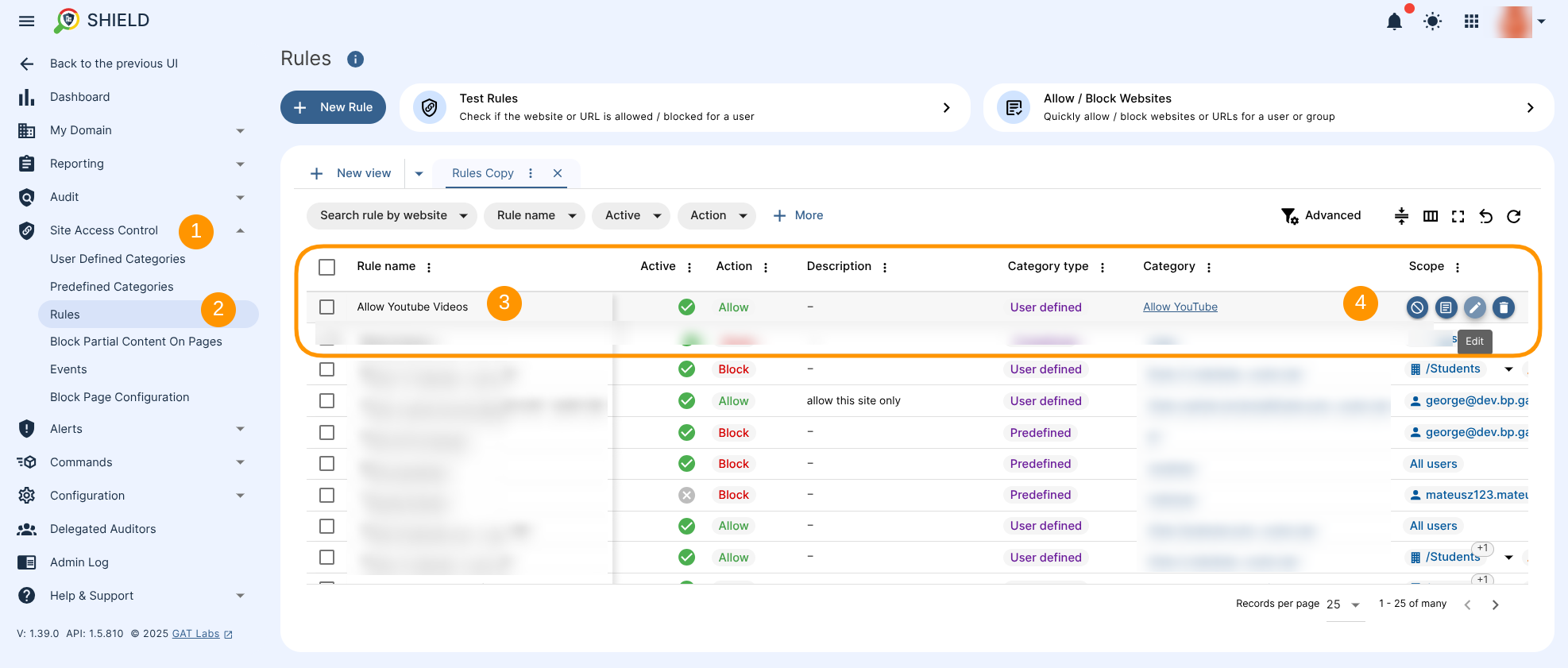 All rules shown in a table under the Site Access Control Rules section and the options to disable, view, edit or delete the rule. 