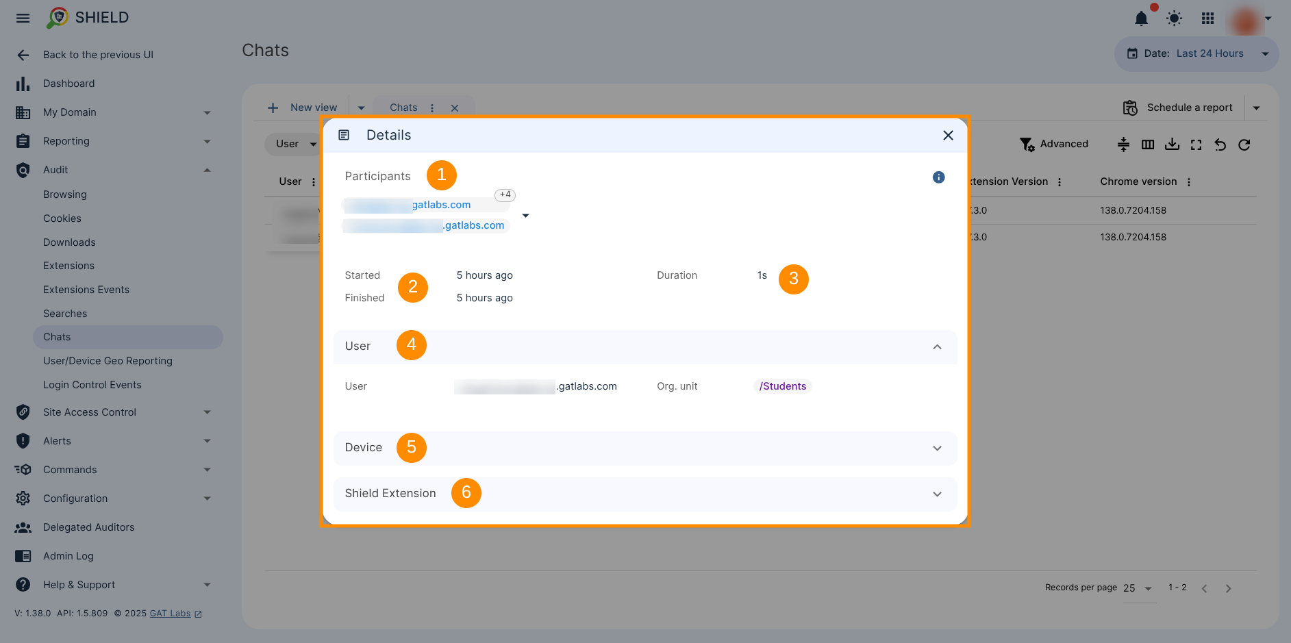 The Chat details window displays: Participants, Started and Finished time, Duration of the chat, User's details, user's Device details and user's Shield Extension details. 