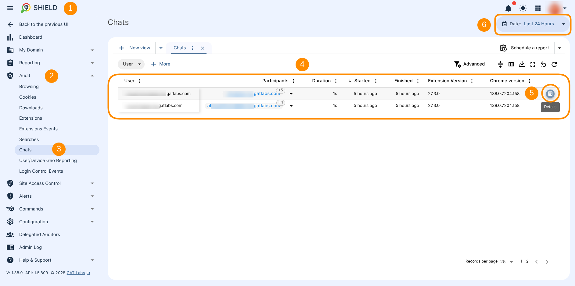 The GAT Shield Chat Audit section shows all chat metadata in a table, filtered by default by the "Last 24 hours" time range. A "Details" button is displayed for detailed log review.