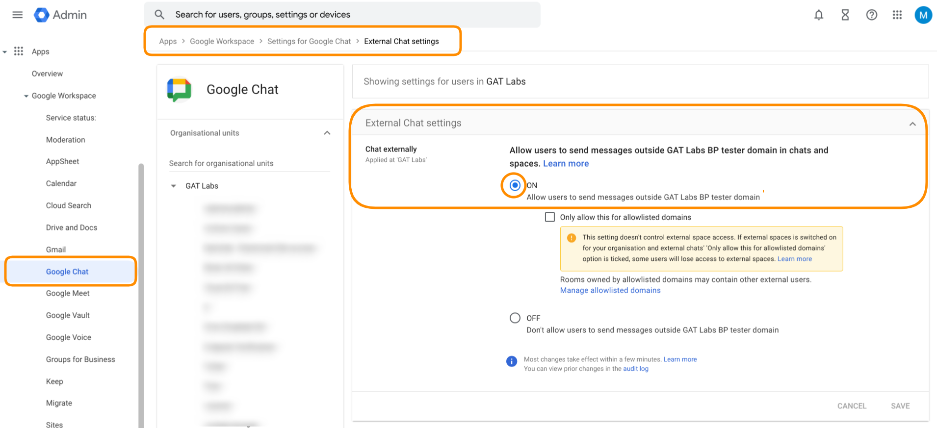 Google Admin settings that allows exchange chat conversation with External users. 