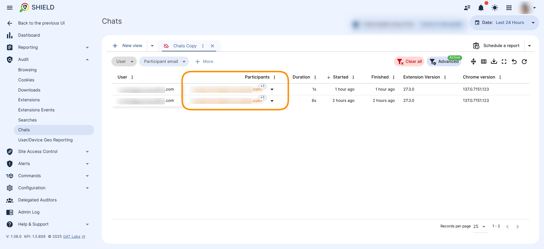 Chat logs based on a filter that searches for chat logs with external users.