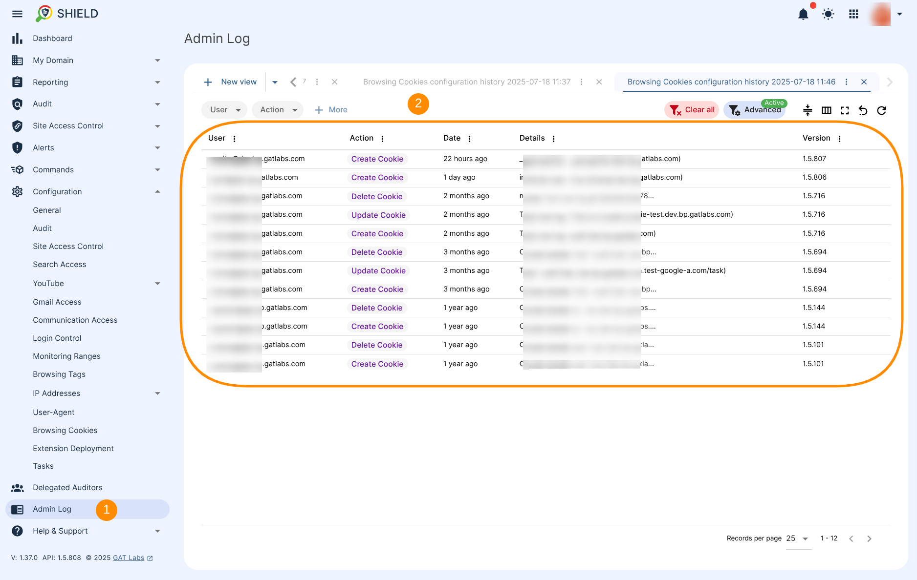 Admin Log section showing all the actions made for Browsing Cookies, e.g. Create Cookie, Update Cookie, Delete Cookie. 