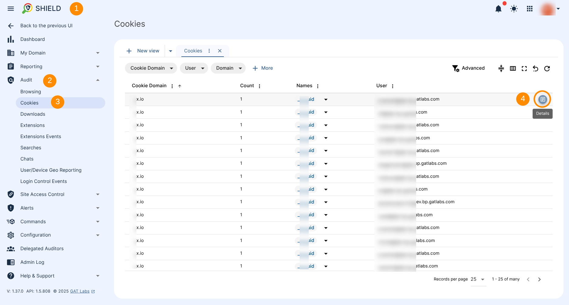 GAT Shield Cookie Audit section showing all Cookies in a table and the option to view the Details of each individual cookie record.