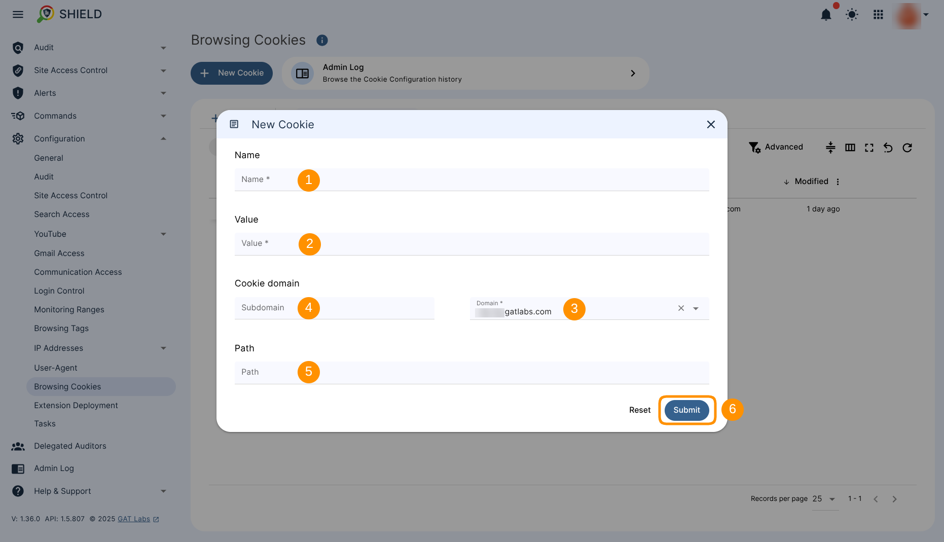 New Cookie creation wizard window displaying the Name, Value, Cookie domain, Path fields and the Submit button.