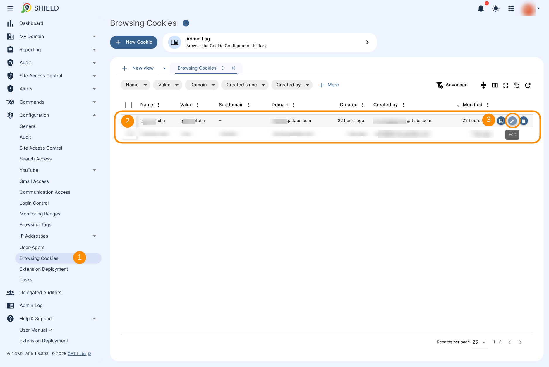 Browsing Cookies section showing the option to Edit or Delete the Cookie record.