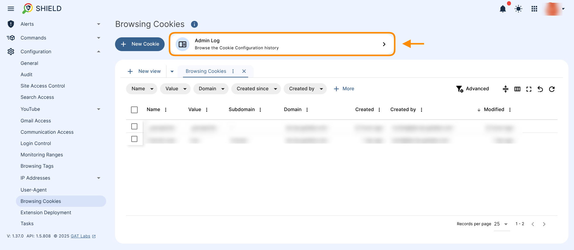 The Browsing Cookie Admin Log button is displayed, which redirects to a pre-filtered section of the GAT Shield Admin Log.