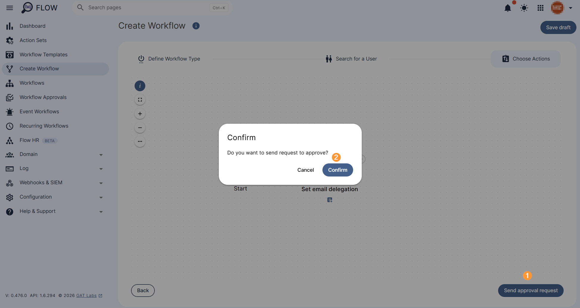Send approval request and Confirm buttons are displayed.