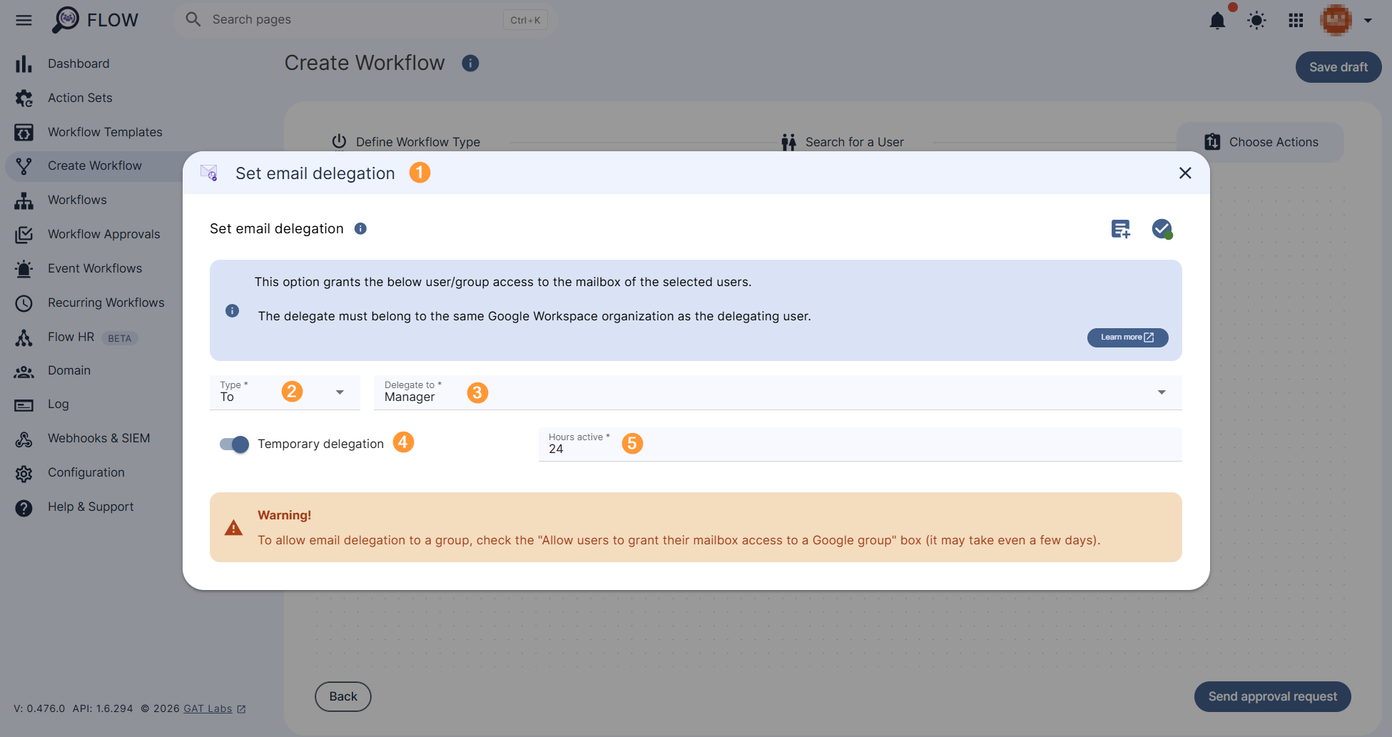Set email delegation action's setup is displayed where the delegated To Manager is configured. Time delegation is also set up to 24 hours.