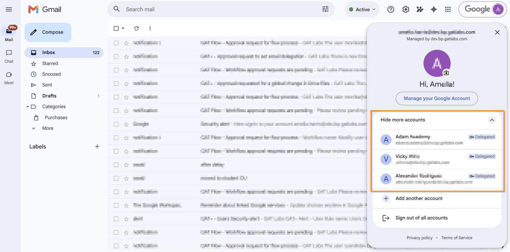 Bulk email delegation setup is displayed under user's Gmail account. 