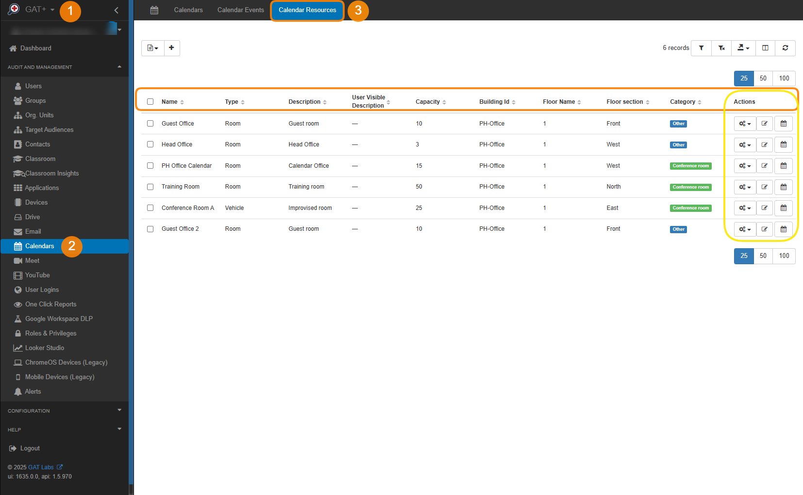 GAT+ Calendar Resources section showing the Calendars Resources associated with Calendars Events metadata, and allows for making the actions such as: editing, coping, deleting the Resource, modifying the associated Calendar permissions; and displaying the associated Calendar Events. 