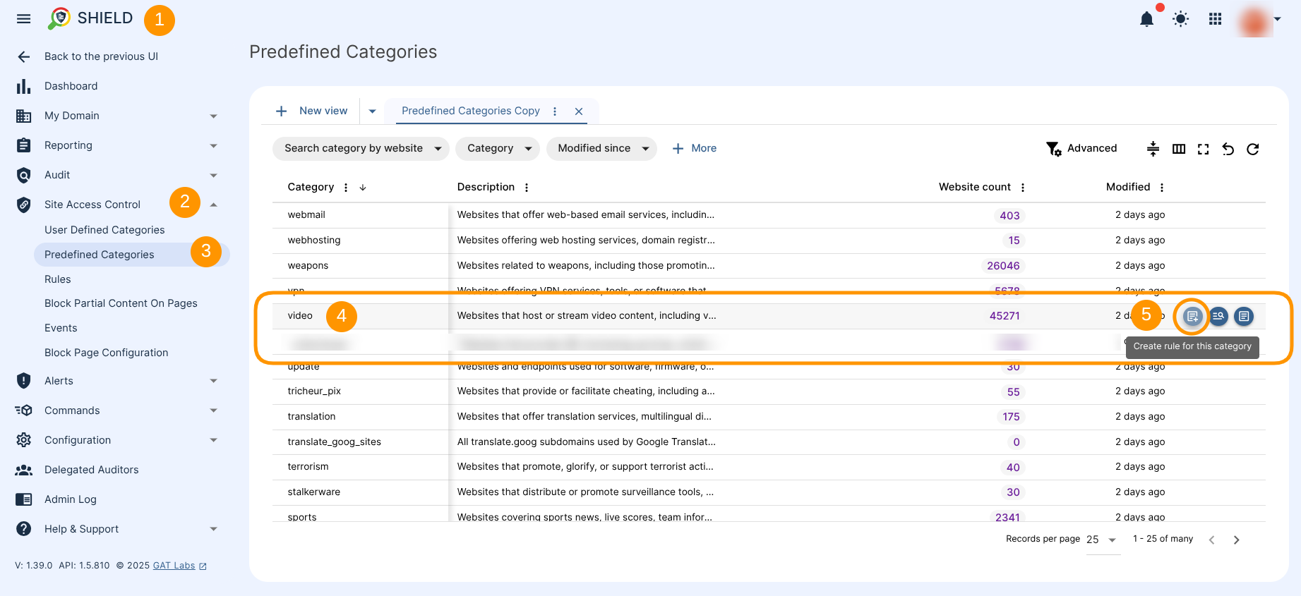 GAT Shield Predefined Category called Videos and the "Create rule for this category" button are displayed. 
