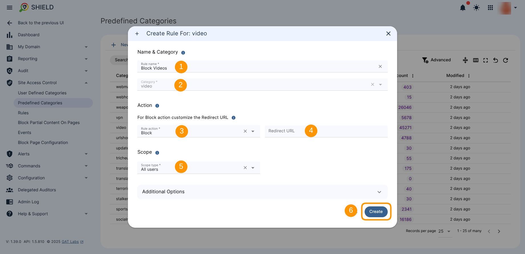 The Video category configuration window used to create a rule, which includes: the Rule Name field, Category: Video, the Action field selected as "Block", the scope selected as "All users" and the Create button.