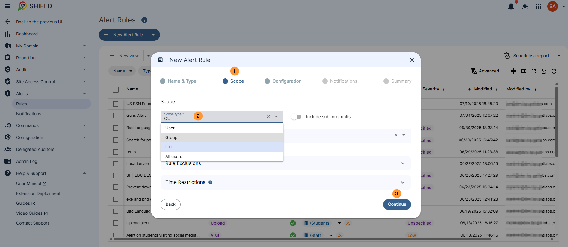The image describes the process to select the scope of users the alert rule should apply to. In the alert rule pop up window, the scope tab should be selected which will then present the options of Scope to be wither User, Group, OU, All. Other options for rule scope exclusions and time restrictions are also available.