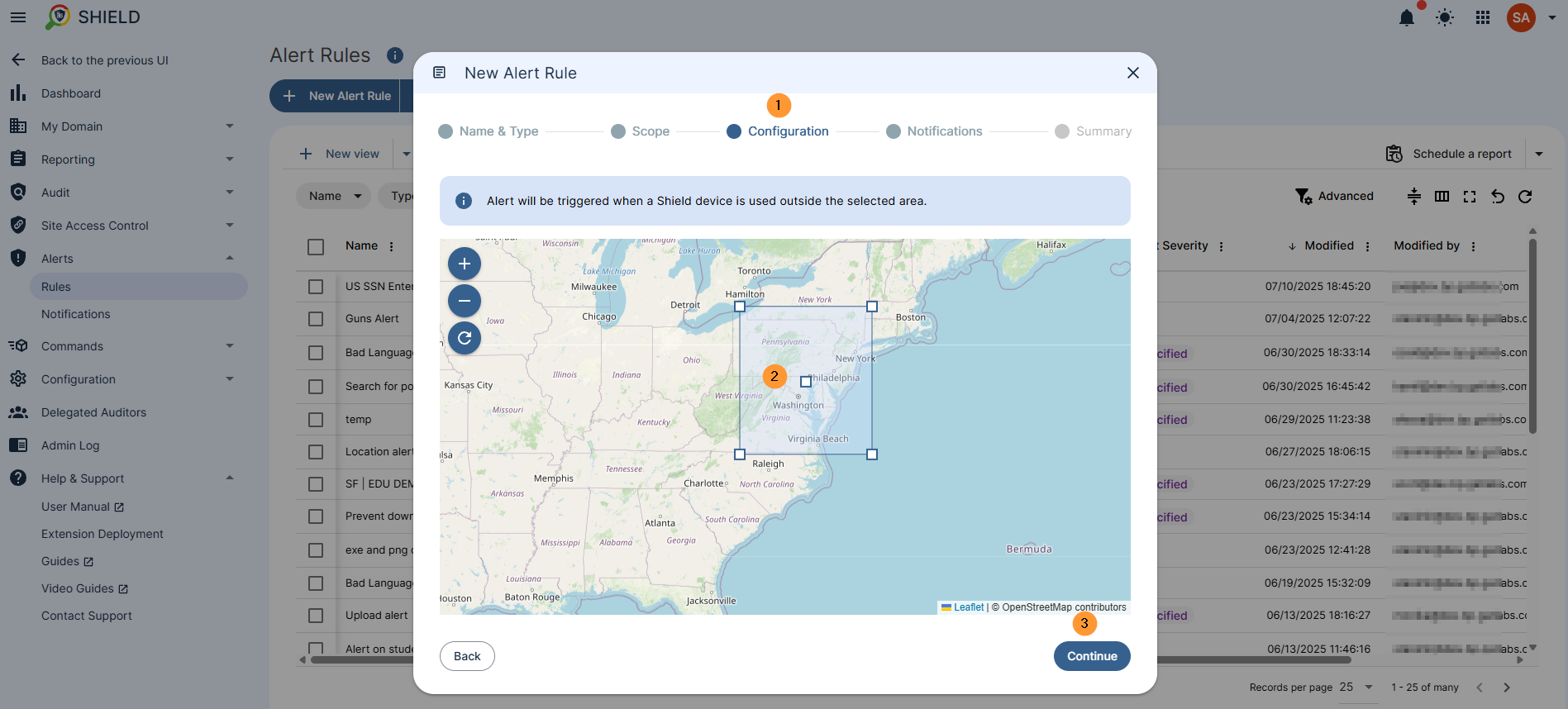 The world map is shown in the alert rule pop up window, in the configuration tab where users can select the boundaries of the location alert. The map can be dragged to fit the selection area. You can also zoom in and out. The coordinate box itself may also be changed in shape. 