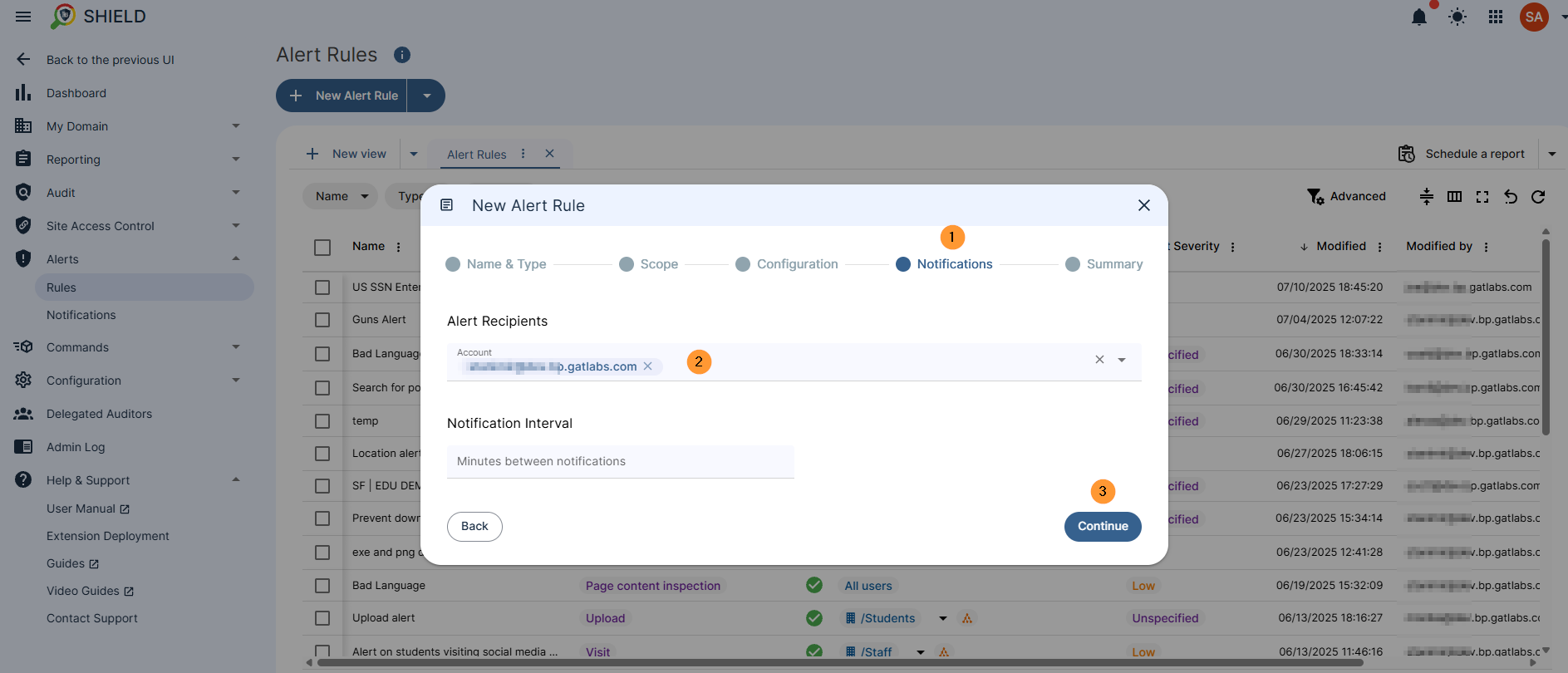 new alert rule pop up window in the notifications tab is shown. Alert rule recipients field is shown. notification interval field is shown where users can configure a threshold until the next same alert rule violation trigger