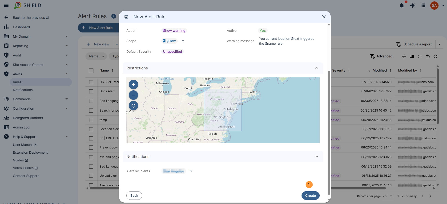 In the alert rule pop up window in the summary tab. A summary of the configurations of the alert rule is shown. Selecting create will create and enable the alert rule.
